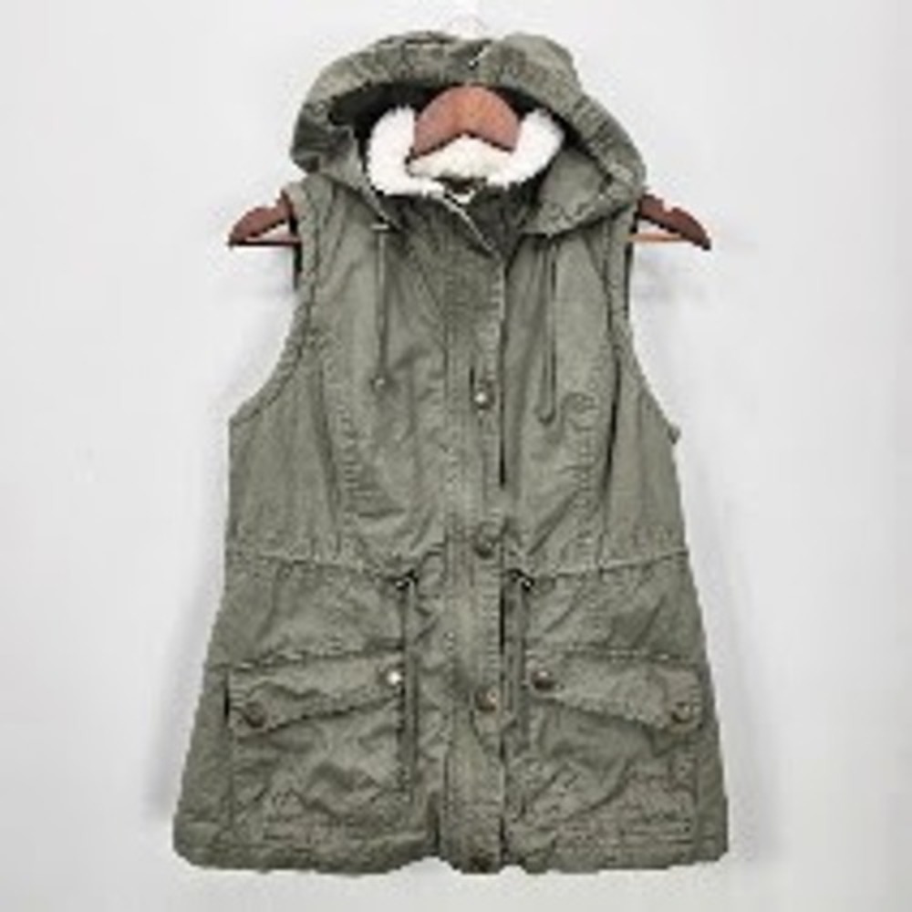 Vintage Y2K Wet Seal Utility Vest M Olive Green Sherpa Lined Hooded Cargo Fall
